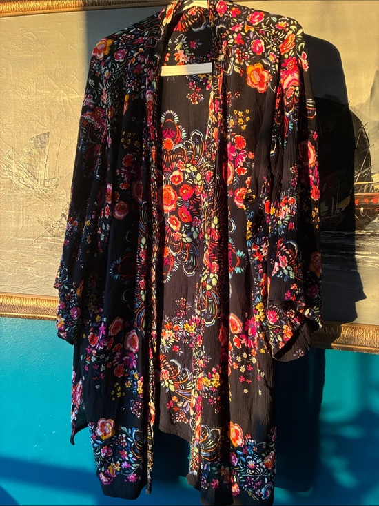 Patrons of Peace Other - Patrons of Peace Black Floral Open Front Kimono with Multicolor Blooms
